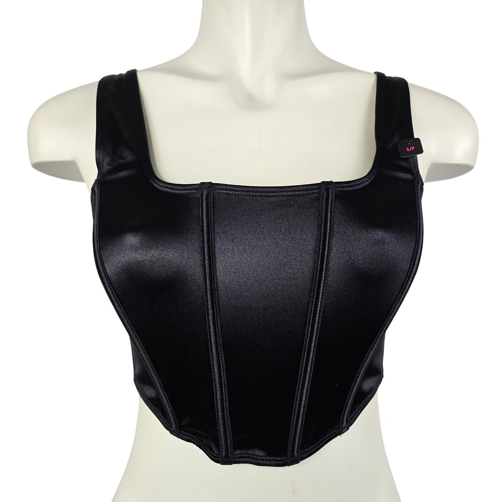 NWT La Senza Women's Mirrored Satin Bra Top Bustier Corset Boning Black S